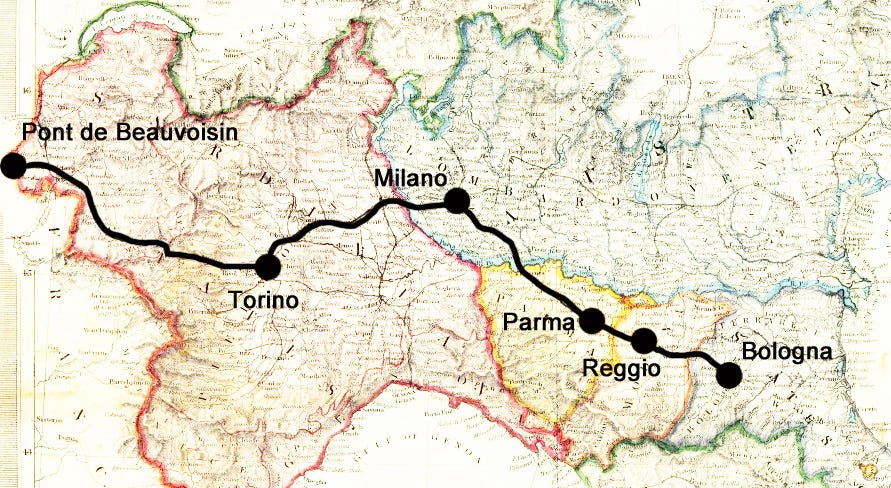 Map showing route from Bologna to Pont de Beauvoisin