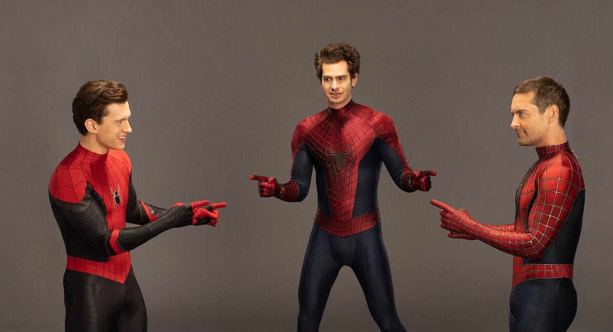 Tom Holland, Andrew Garfield, and Tobey Maguire dressed as Spider-Man, pointing at each other like the meme.