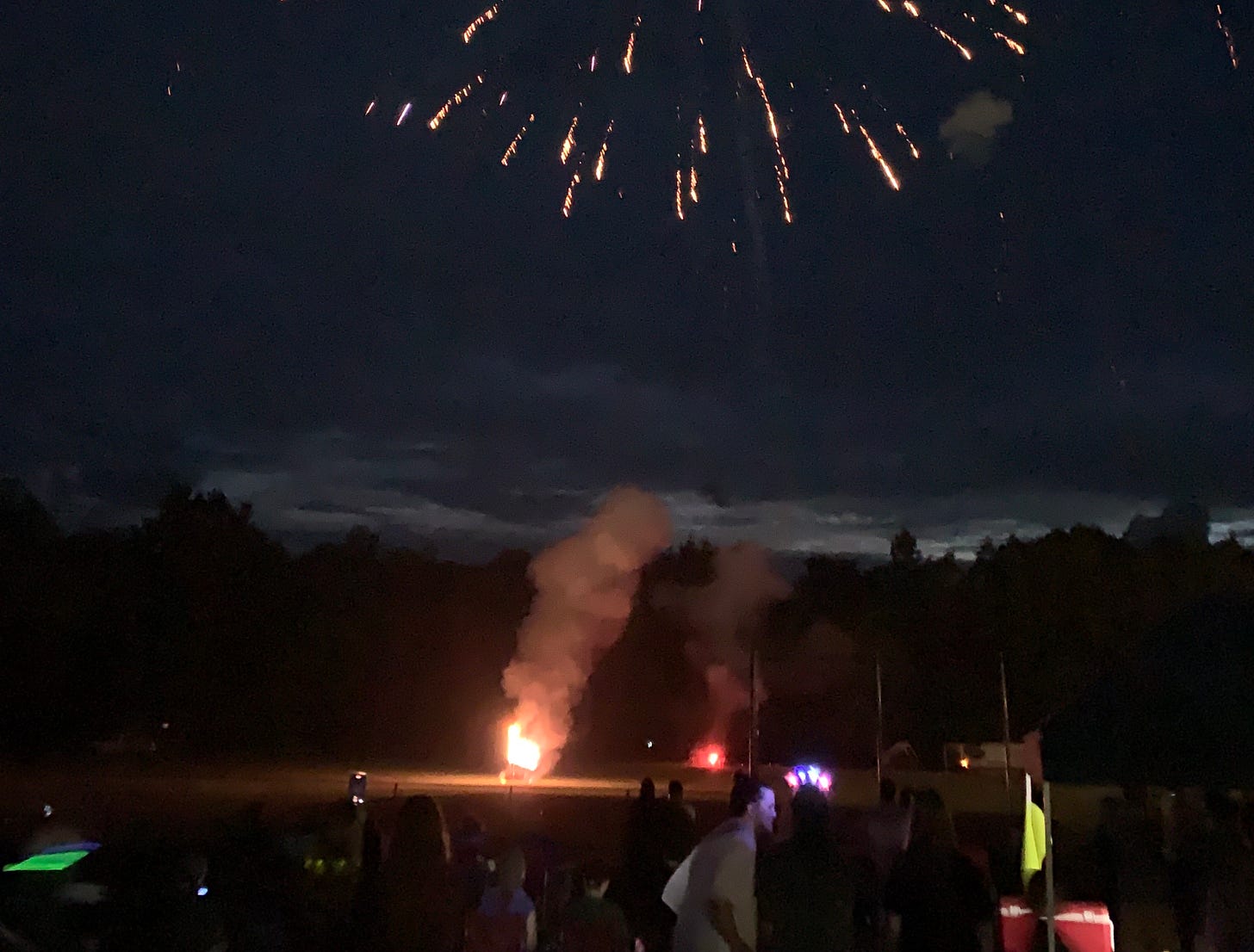 Scene from a fireworks show. People watch from a dark field as fireworks are set off in the distance. In the sky are the remnants of a firework that just went off.