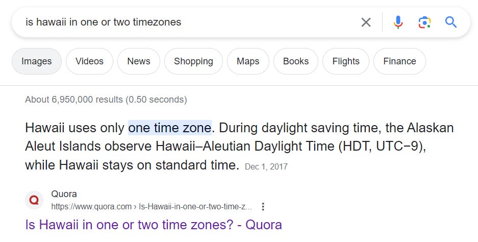 A google search for Hawaii timezone