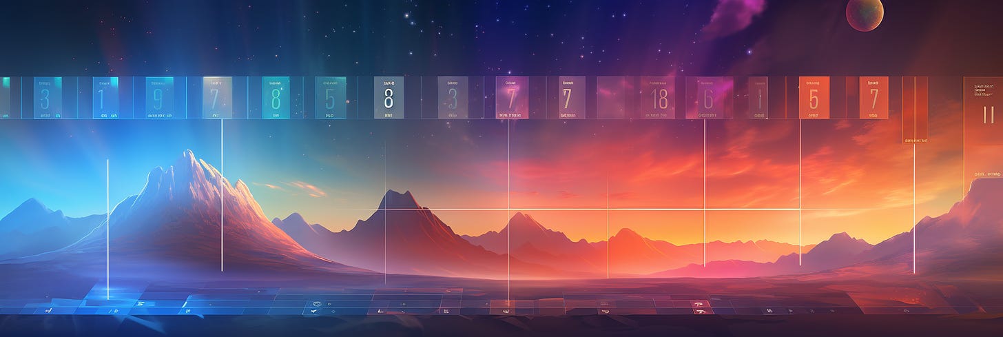  A digital landscape showcasing a mountain range bathed in the gradient hues of dawn to dusk under a star-filled sky, segmented by a transparent numerical grid with "228" prominently centered.