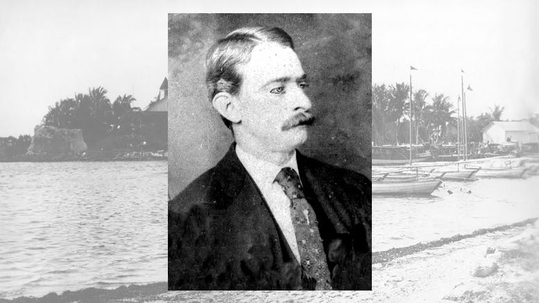 Portrait of James Ewan, aka The Duke of Dade, superimposed on an early photo of the mouth of the Miami River.