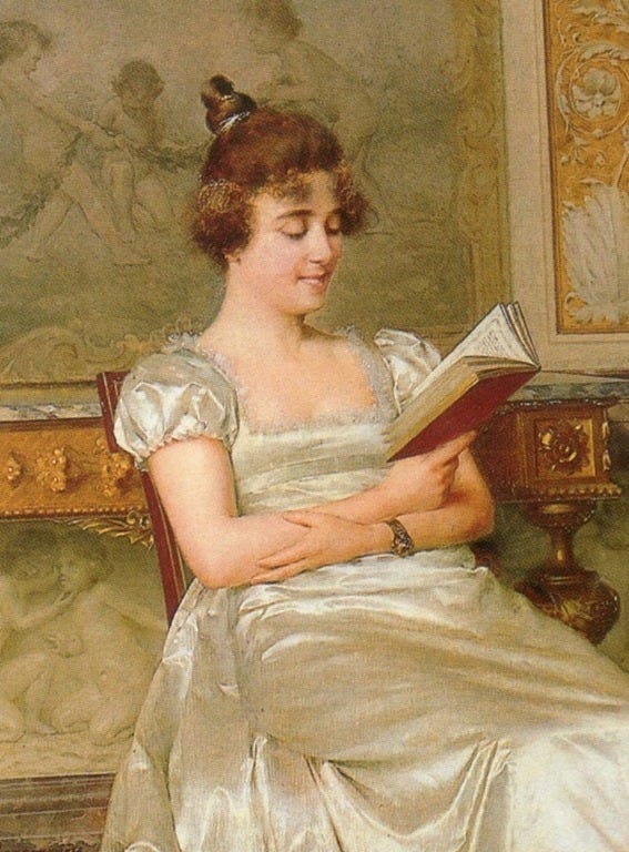 Painting of a Regency woman laughing to herself while reading. 