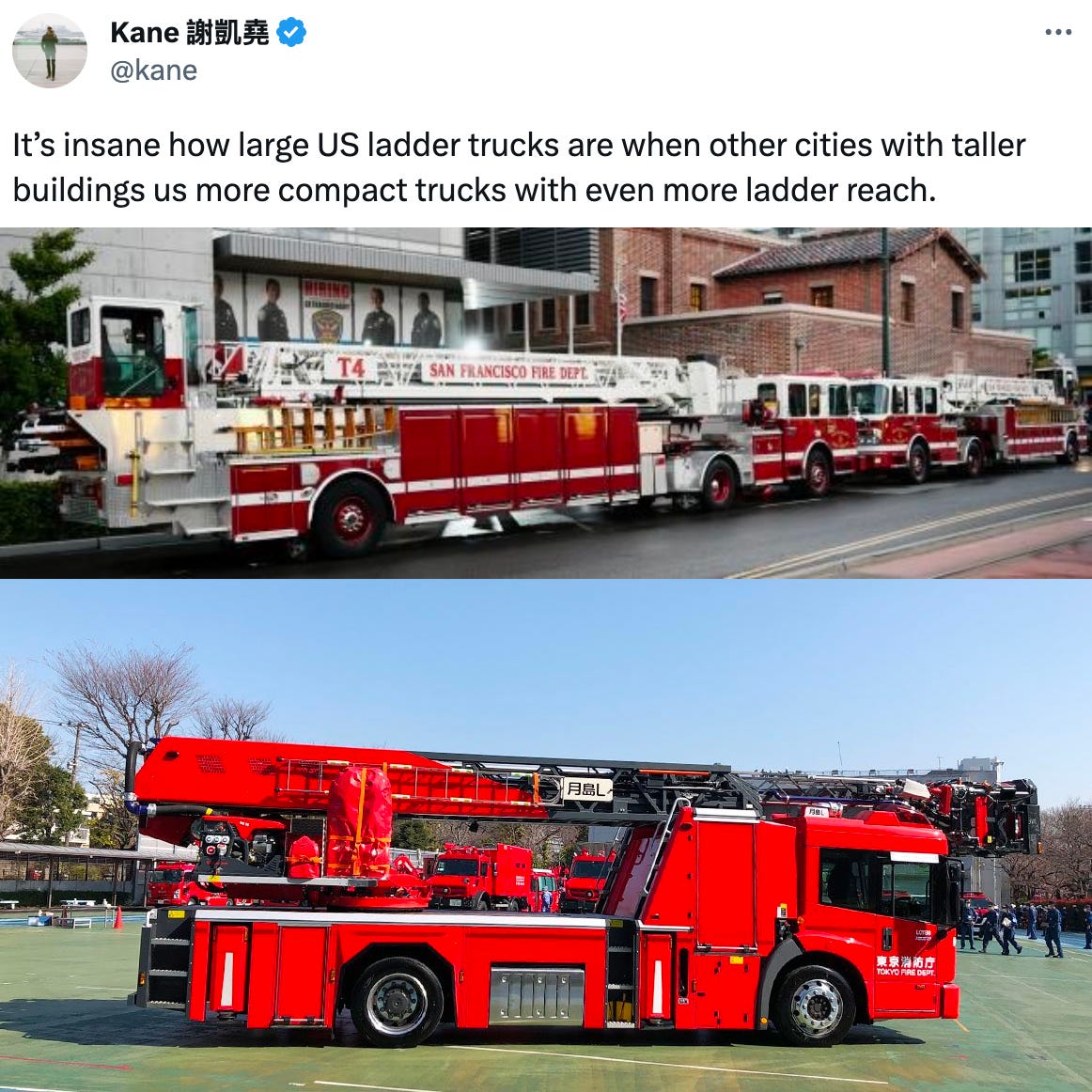 @kane It’s insane how large US ladder trucks are when other cities with taller buildings us more compact trucks with even more ladder reach.