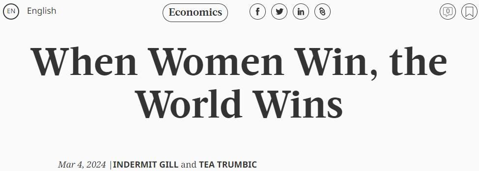 May be an image of text that says 'EEnglish English Economics f When Women Win, the World Wins Mar 2024 INDERMIT GILL and TEA TRUMBIC'