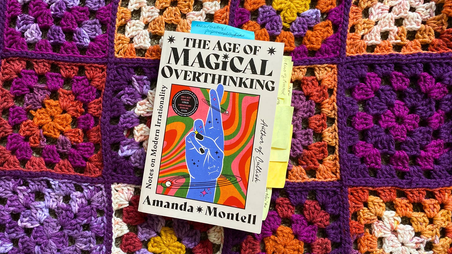 A paperback copy of "The Age of Magical Overthinking" with lots of sticky notes protruding from its pages, on a purple and orange crochet background