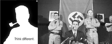 Left: A silhouette of American Nazi Party’s George Lincoln Rockwell posted by Sanduja to Instagram with the caption “Subtle, Very nice.” Right, for reference: Photograph of Rockwell at his news conference. He is surrounded by Swastika flags and men with Swastika armbands.