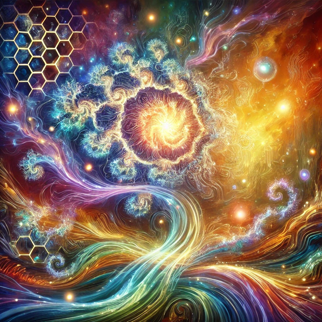 A vibrant and expressive oil painting capturing the essence of a paradigm shift in biology. The image depicts a dynamic interplay of abstract elements symbolizing the interconnectedness of life. The scene features a glowing, intricate cell membrane in the foreground, depicted as a shimmering, intelligent network of colorful, flowing patterns, representing its role as the 'brain' of the cell. In the background, fractal patterns emerge, symbolizing cooperative evolution and the fractal nature of biological systems. Soft, ethereal energy waves and luminous particles weave through the composition, illustrating environmental influence and the energy-based control of biological functions. The painting radiates warmth with bold, rich colors like gold, deep blue, emerald green, and accents of violet, creating a sense of wonder and harmony.