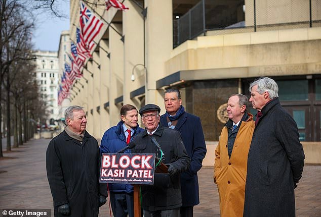 Democrats speaking against the nomination of Kash Patel outside the FBI headquarters on February 20 ahead of his Senate confirmation vote