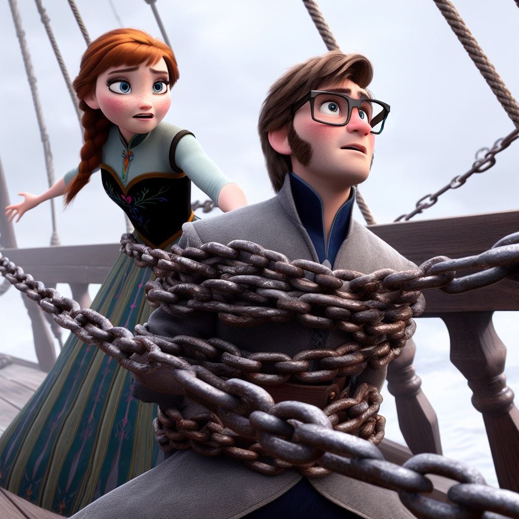 Frozen screenshot. Two figures are linked together by a chain atop a medieval ship. Anna, a brunette woman wearing a traditional dress, has a chain linking him to a second party in the back of the shot, wrapped around them both. The second figure is a young italian human man with dark hair wearing rectangular glasses and a dark grey jacket with a grey shirt underneath. Dynamic action shot. Pixar style.