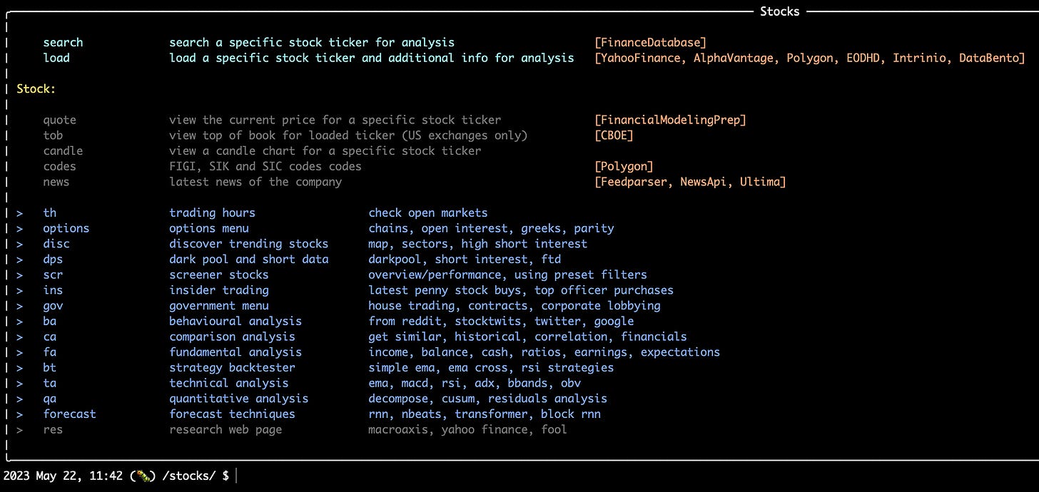 OpenBB Terminal Sub-menu stocks (Screenshot by authors)