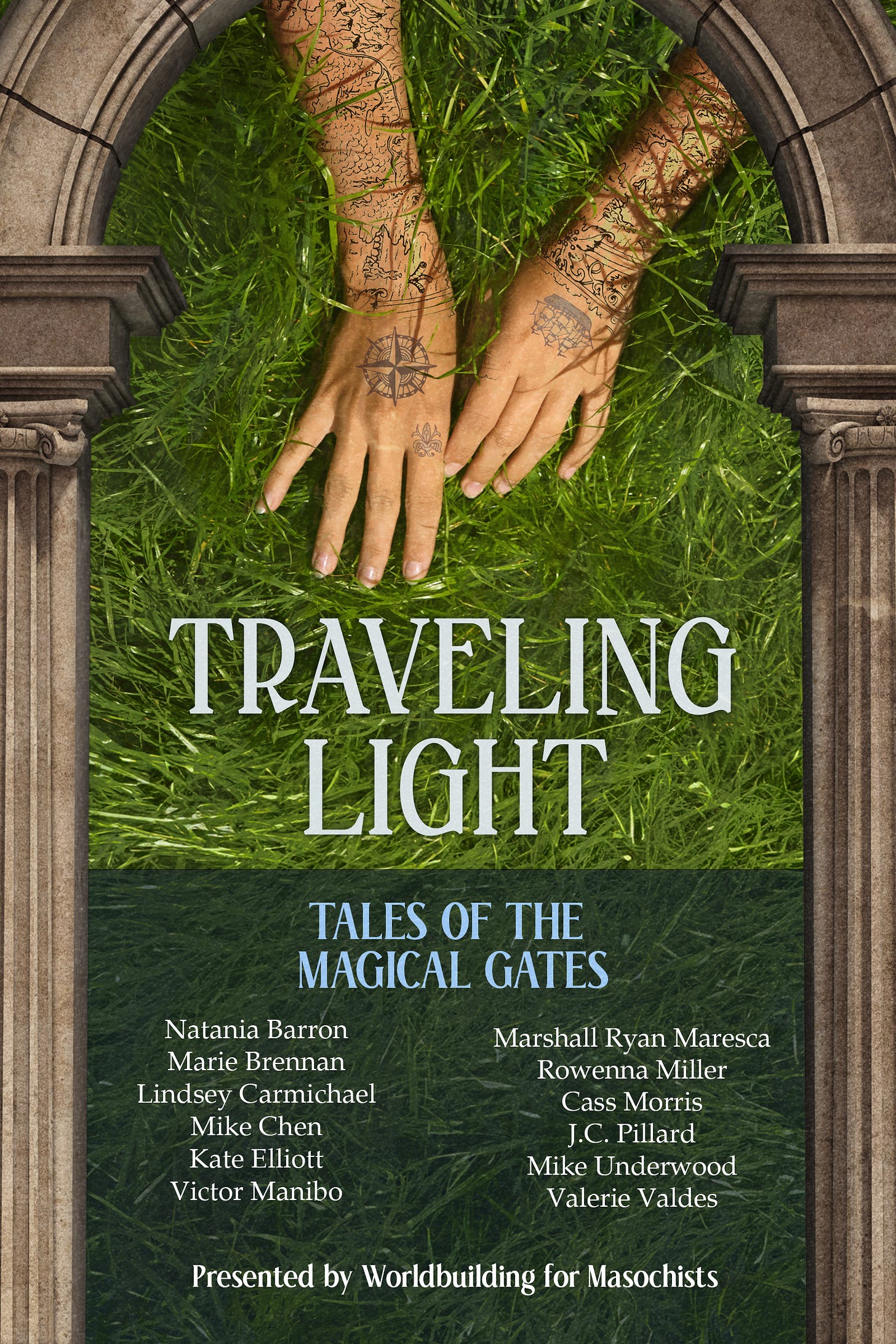 Book cover showing an archway, tattooed hands against grass, list of authors