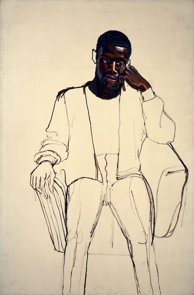 Picture of an unfinished painted portrait depicting the outline of a man's body, with only the head and left hand detailed in full color and texture