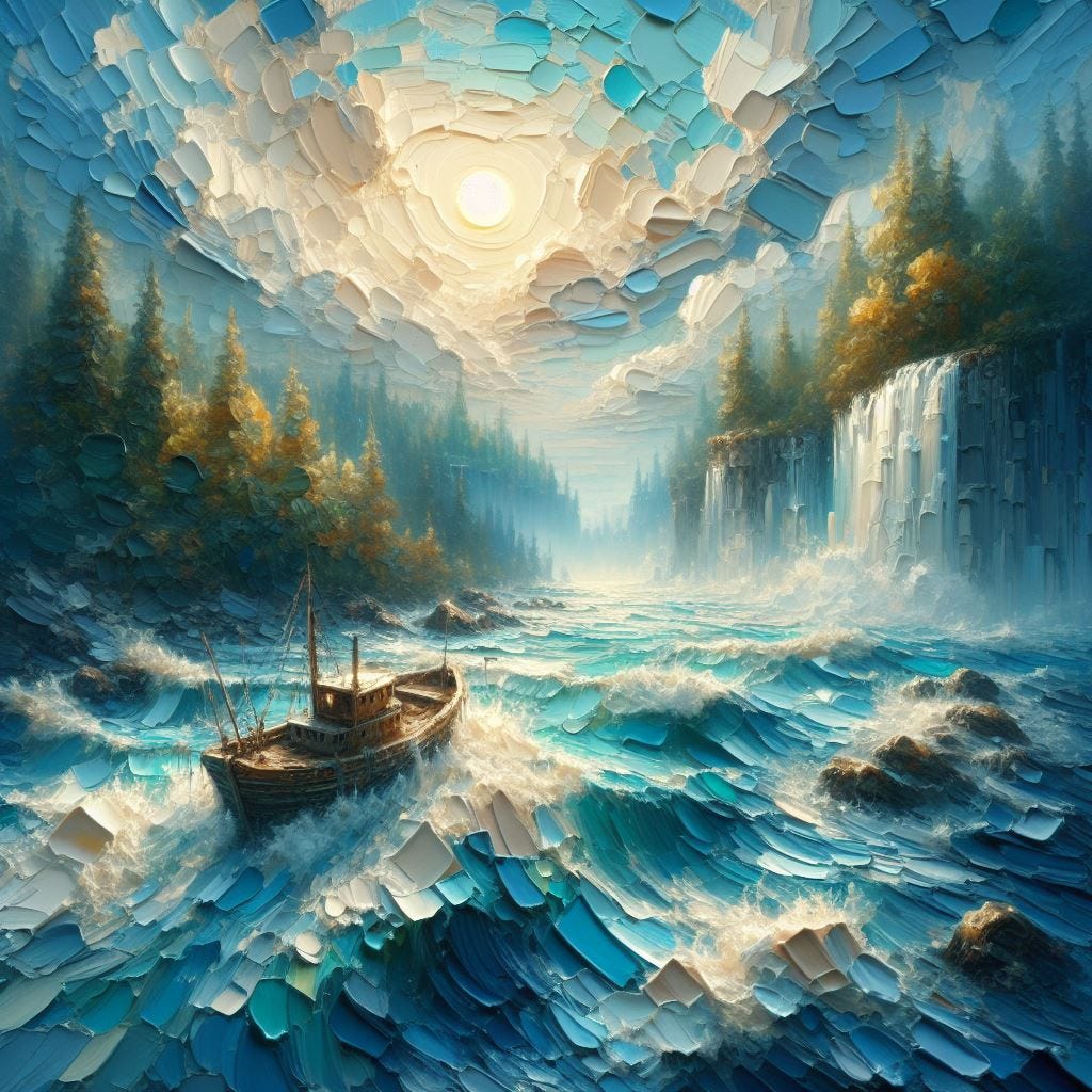 Chunky oil painting image; tilt shift  from above, oil painting with pallet knives, there is an oil painting in an antique frame floating down a river rapid, about to go over the waterfall The sun is in the sky, it is an oil painting. The cerulean blue sky is full of paint scraper clouds. Luminescent, ethereal.. 