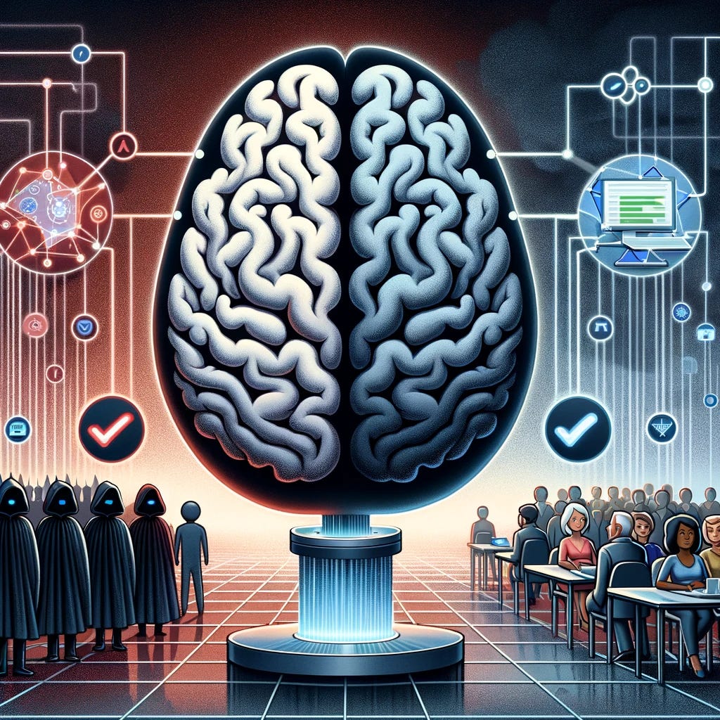 A balanced illustration showcasing the theme 'Artificial Intelligence is not the villain of elections.' The image features a large, neutral-looking AI brain in the center, symbolizing artificial intelligence. On one side, there are dark, shadowy figures representing human manipulators attempting to misuse AI for disseminating misinformation during elections. On the other side, there's a diverse group of voters and candidates receiving helpful information from AI, indicating its potential to aid in the electoral process. The AI brain is surrounded by digital connections and data streams, emphasizing its role as a tool. The scene suggests the importance of regulatory approaches focused on transparency and accountability rather than strict limitations, with a background that merges both the dark and bright aspects, reflecting the dual nature of AI's impact on elections.