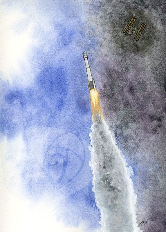 FIRST FLIGHT A watercolor painting of the successful CFT-1 test of the Boeing Starliner spacecraft, carrying two astronauts to the International Space Station on an Atlas rocket. The rocket rises past wispy clouds on the left side, with a view of the ISS in space in the top right corner. The blue sky fades to a mottled blue-purple color on the right, representing the depths of space.