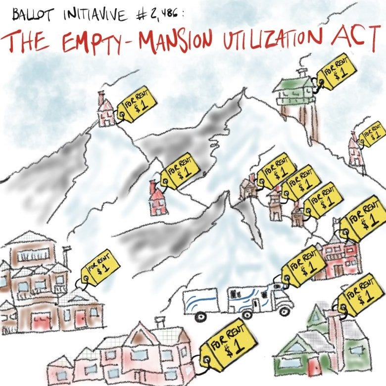 A cartoon drawing of huge mountain homes being offered for rent for $1 a night