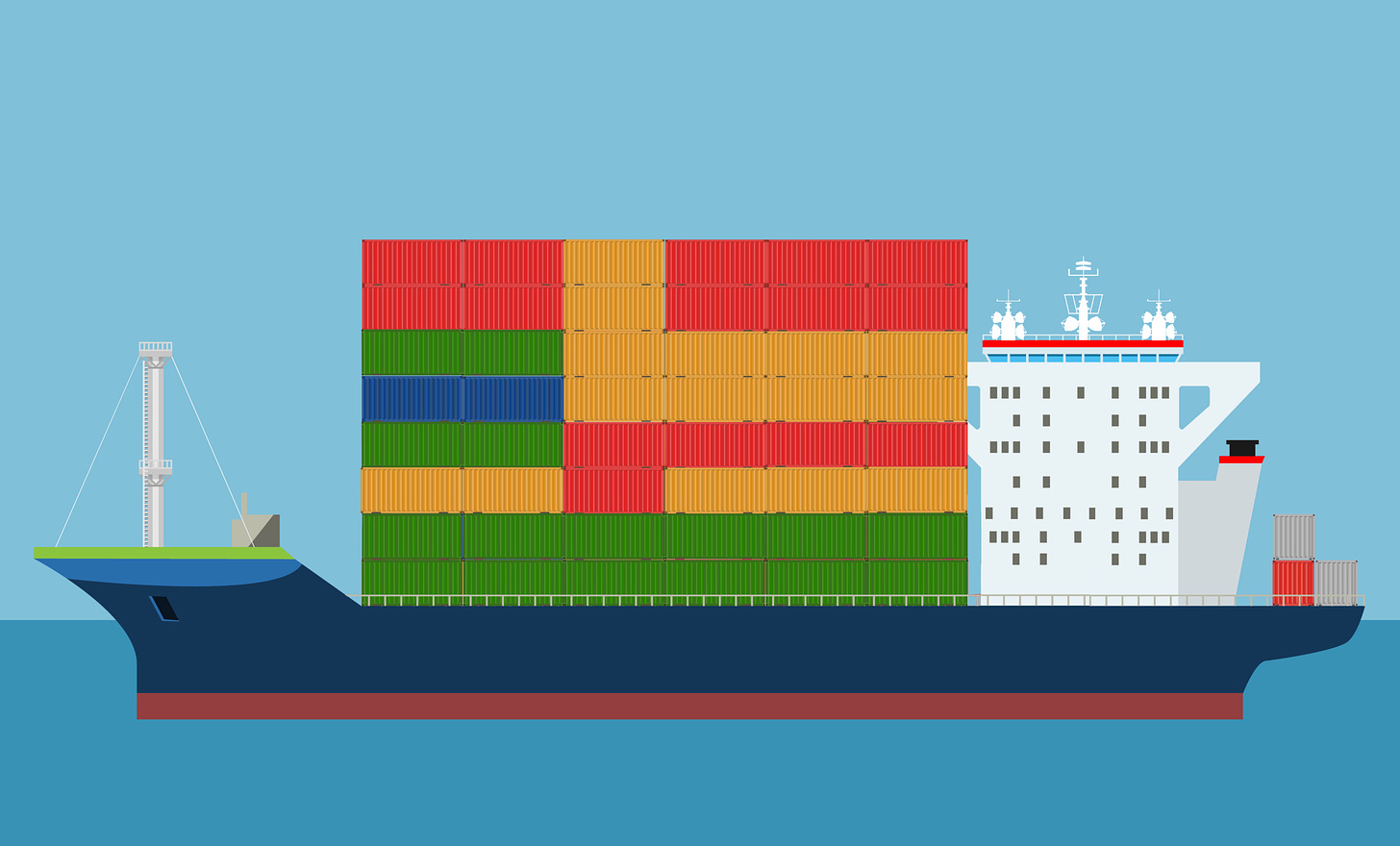 A drawing of a ship with a cargo of variously coloured shipping containers. I'm sorry, Visually Impaired Squadron, but I'm afraid you're going to have to sit this one out. 