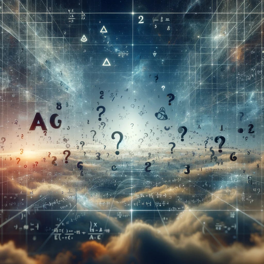 An image symbolizing Gödel's Incompleteness Theorems, depicting the concept of inherent limitations within mathematical and logical systems. The scene features abstract representations of mathematical equations and symbols floating in an endless, ambiguous space, with some equations leading to question marks or dissolving into fragments, indicating the impossibility of proving or disproving all propositions within a system. This abstract landscape conveys the idea of a universe filled with mysteries and uncertainties that defy complete understanding, reflecting the anomaly introduced by Gödel's work against the backdrop of a universe that cannot be fully deciphered by human logic.
