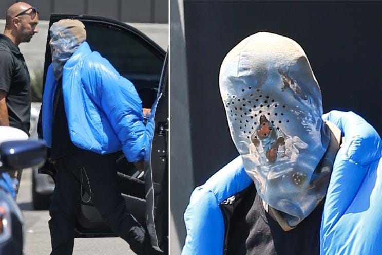 Kanye West wearing an unusual face-covering.