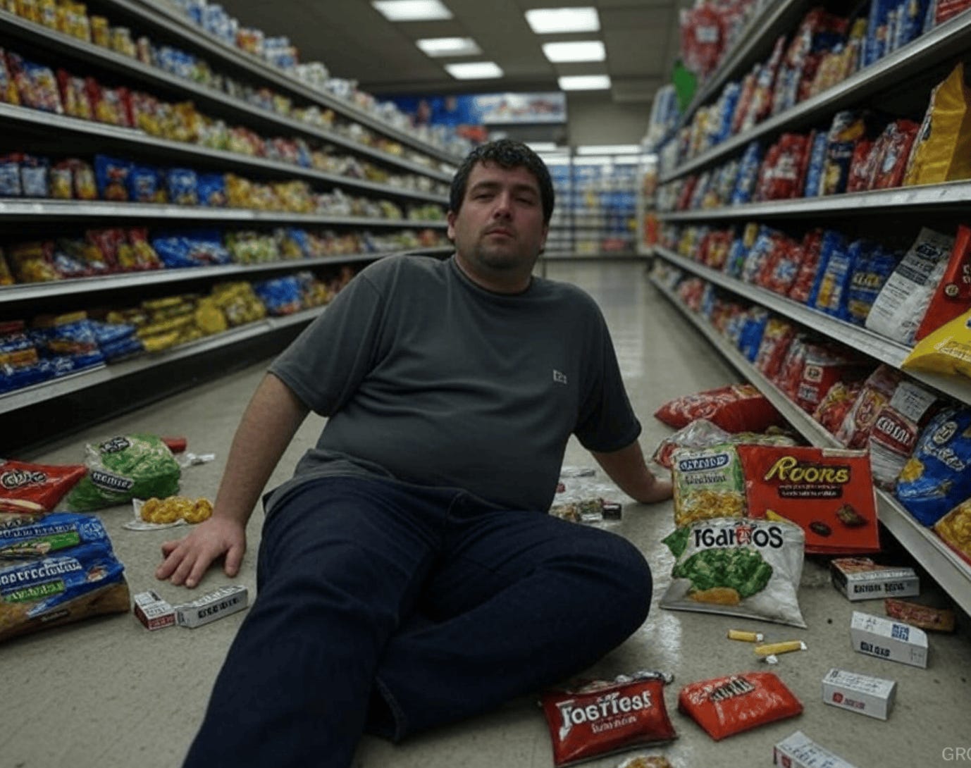 A person sitting on the floor in a grocery store

Description automatically generated