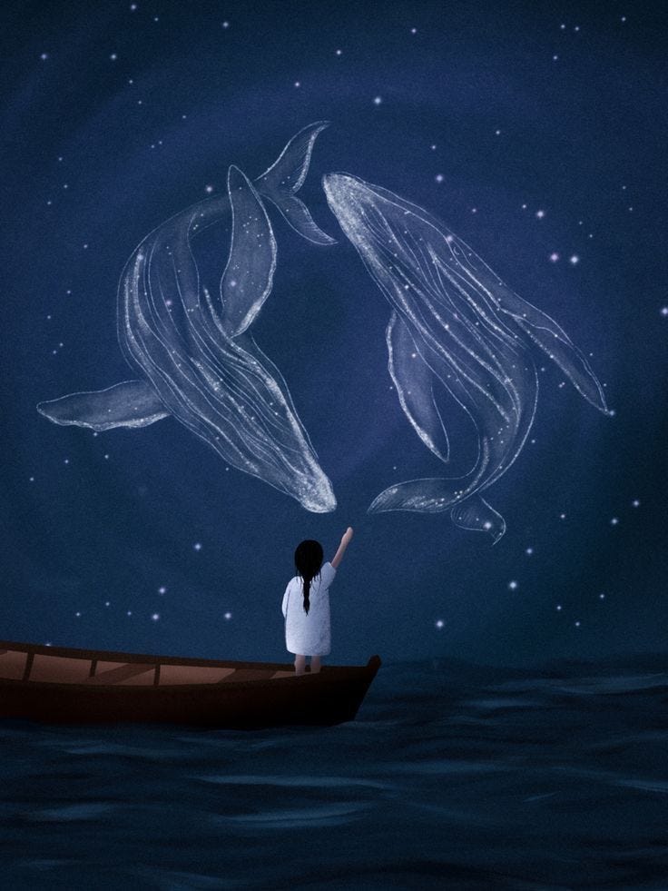 This may contain: a woman sitting in a boat with two dolphins floating above her and pointing to the sky This may contain: a woman sitting in a boat with two dolphins floating above her and pointing to the sky