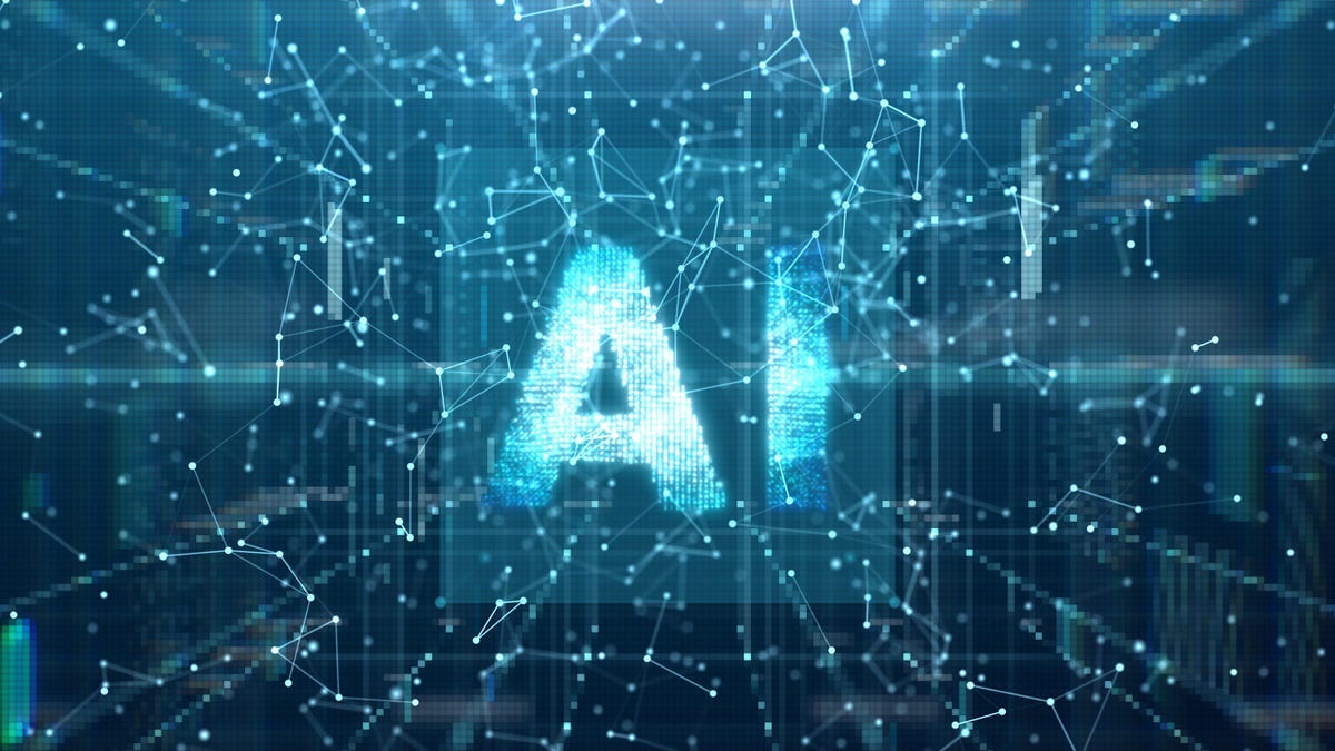 An abstract render of AI in digital cyberspace.