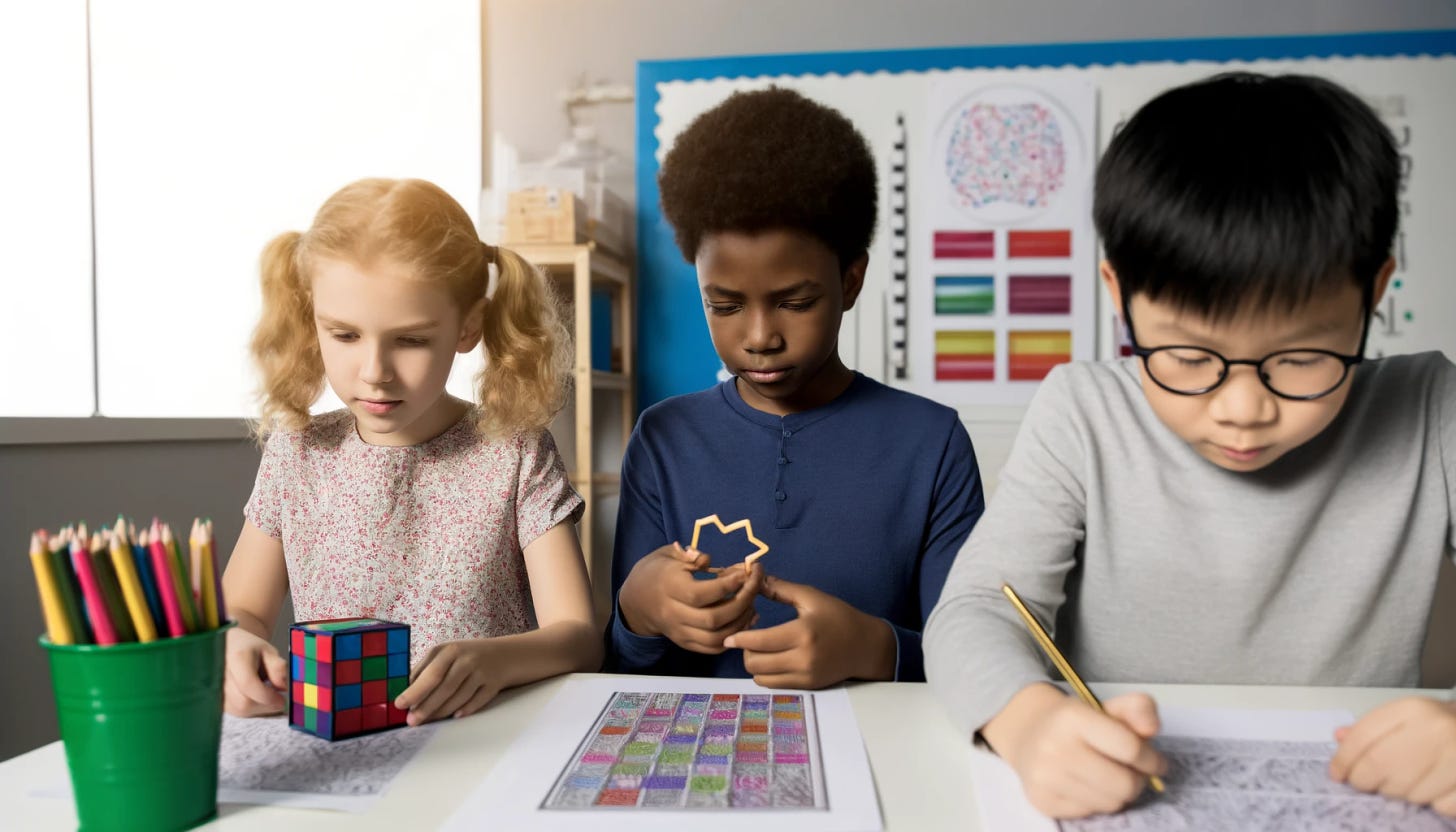 A horizontal image of three young children deeply engaged in solving an IQ test in a classroom. The first child, a young Caucasian girl with blonde pigtails, is thoughtfully arranging logic puzzle pieces. The second, a young African American boy with short curly hair, is examining a complex puzzle cube. The third, a young Asian boy with glasses, is writing answers on an IQ test paper. The classroom is well-organized with educational posters on the walls and bright light illuminating their work area.
