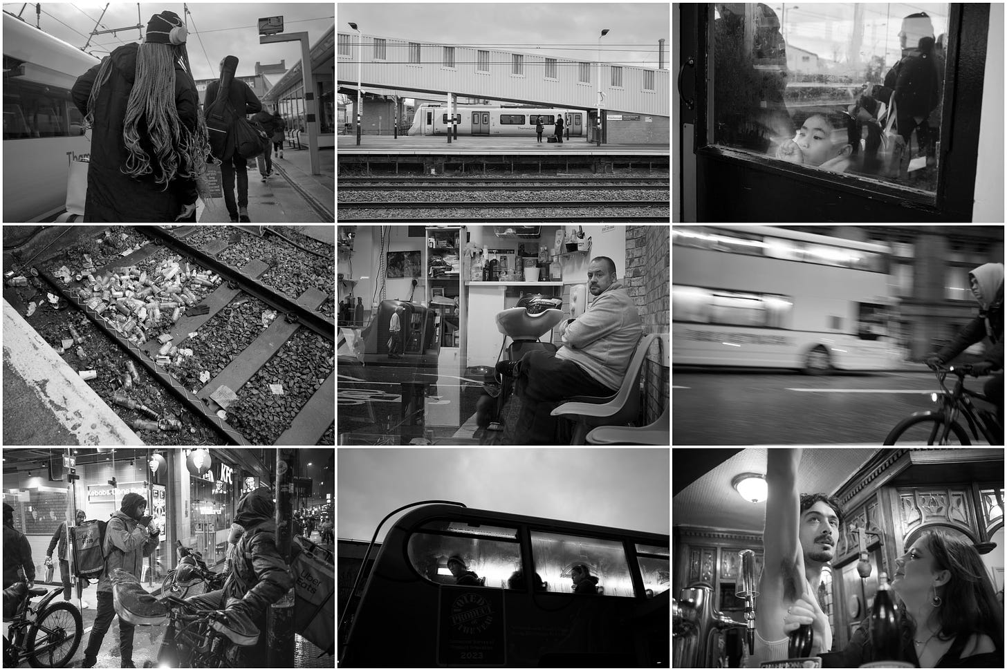 A montage of nine images taken on the way to and in Manchester. Mostly candid street scenes.