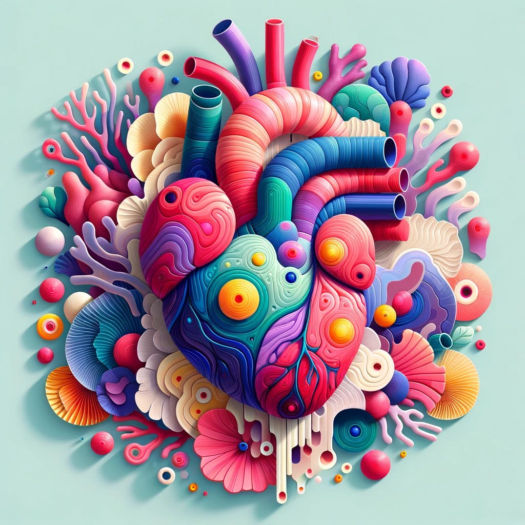 An abstract, psychedelic arrangement of vibrant coral-like forms surrounding a human heart. The composition is centralized, with the coral shapes overlapping and interwoven in a layered, collage style. The elements should have a textured, cut-out appearance with defined, slightly rough edges, mimicking the look of paper or printed material. Dominant colors include coral pink and sky blue, with accents of jellyfish yellow, lavender purple, and forest brown. The background is light and minimal to enhance focus on the colorful, whimsical forms. The overall style should blend realistic and abstract elements, with flat, bold areas of color and no shadows, creating a matte, slightly grainy finish that feels like cut-out items stuck on paper.