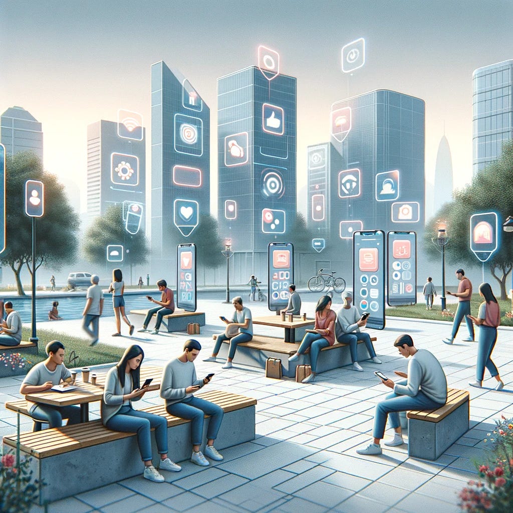 A contemporary digital art piece illustrating the use of NFTs in the year 2024. The scene is set in a realistic urban environment with people of diverse ages and backgrounds casually interacting with NFTs on various devices such as smartphones, tablets, and laptops in a city park. The NFTs are represented in a subtle and understated way, with simple icons and soft colors, to show a natural progression of technology integration into daily life. The setting reflects an everyday atmosphere, with the presence of NFTs suggesting their normalized role in personal and commercial transactions.