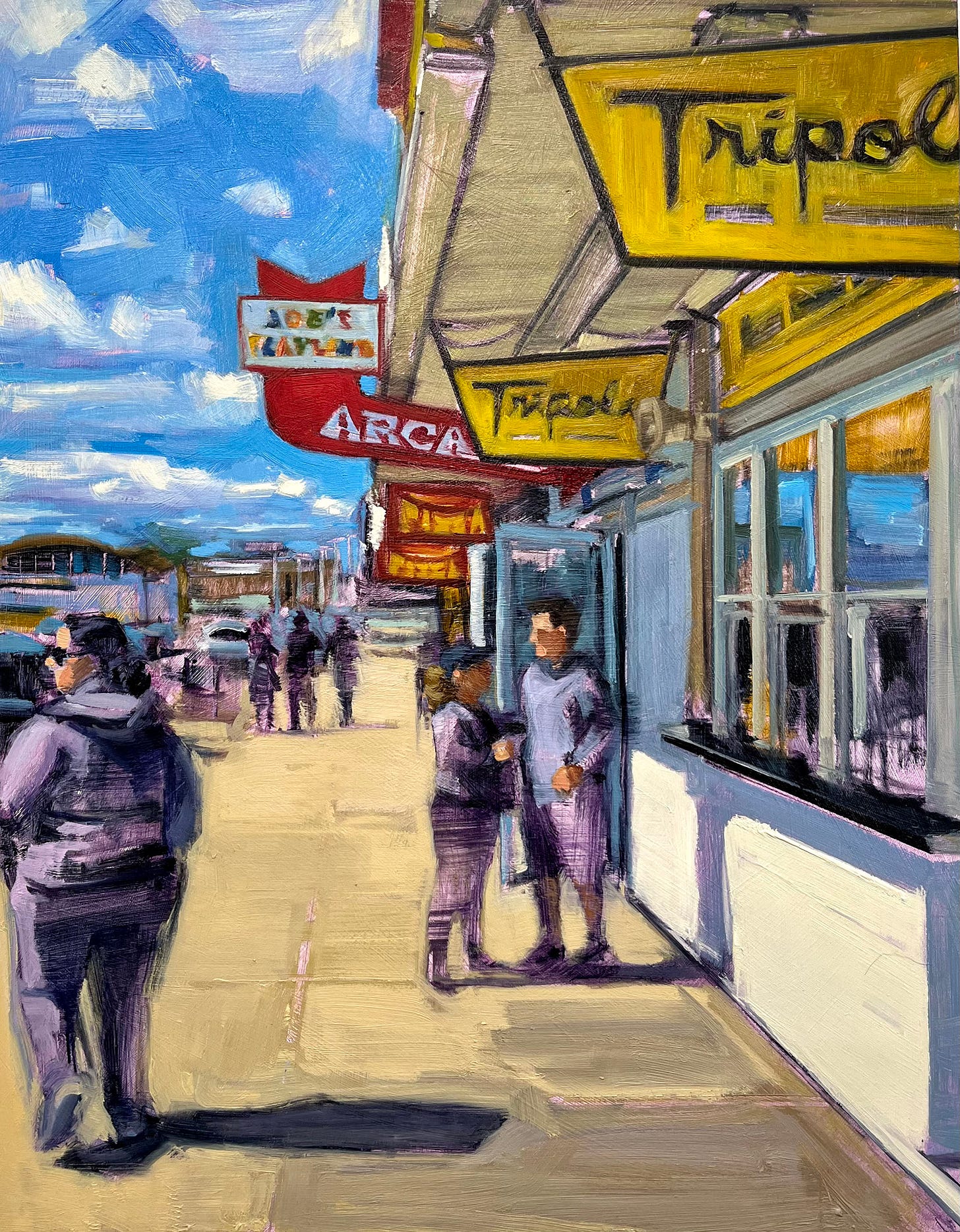 A painting of people walking on a sidewalk

Description automatically generated