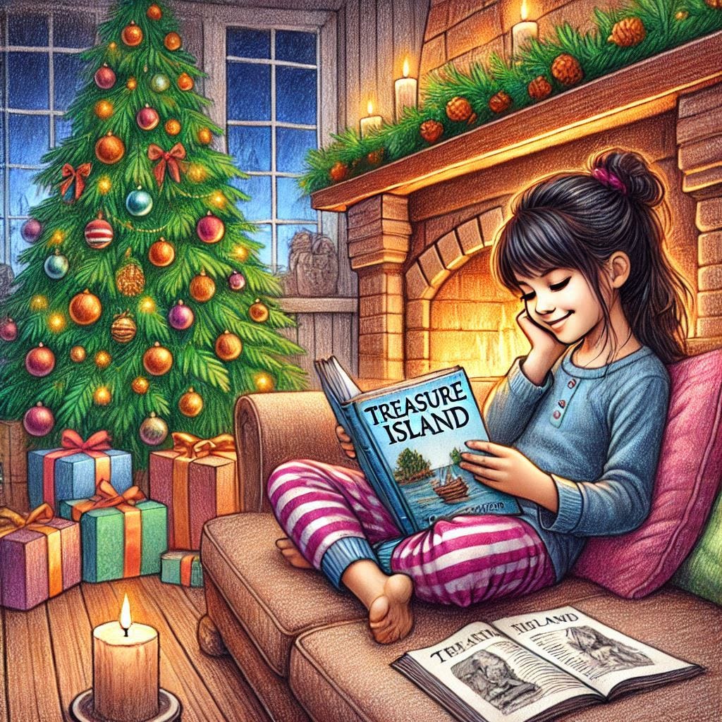 a young girl reading a book that says "Treasure Island" curled up on a couch in front of a fireplace with a Christmas tree nearby, colored pencil style