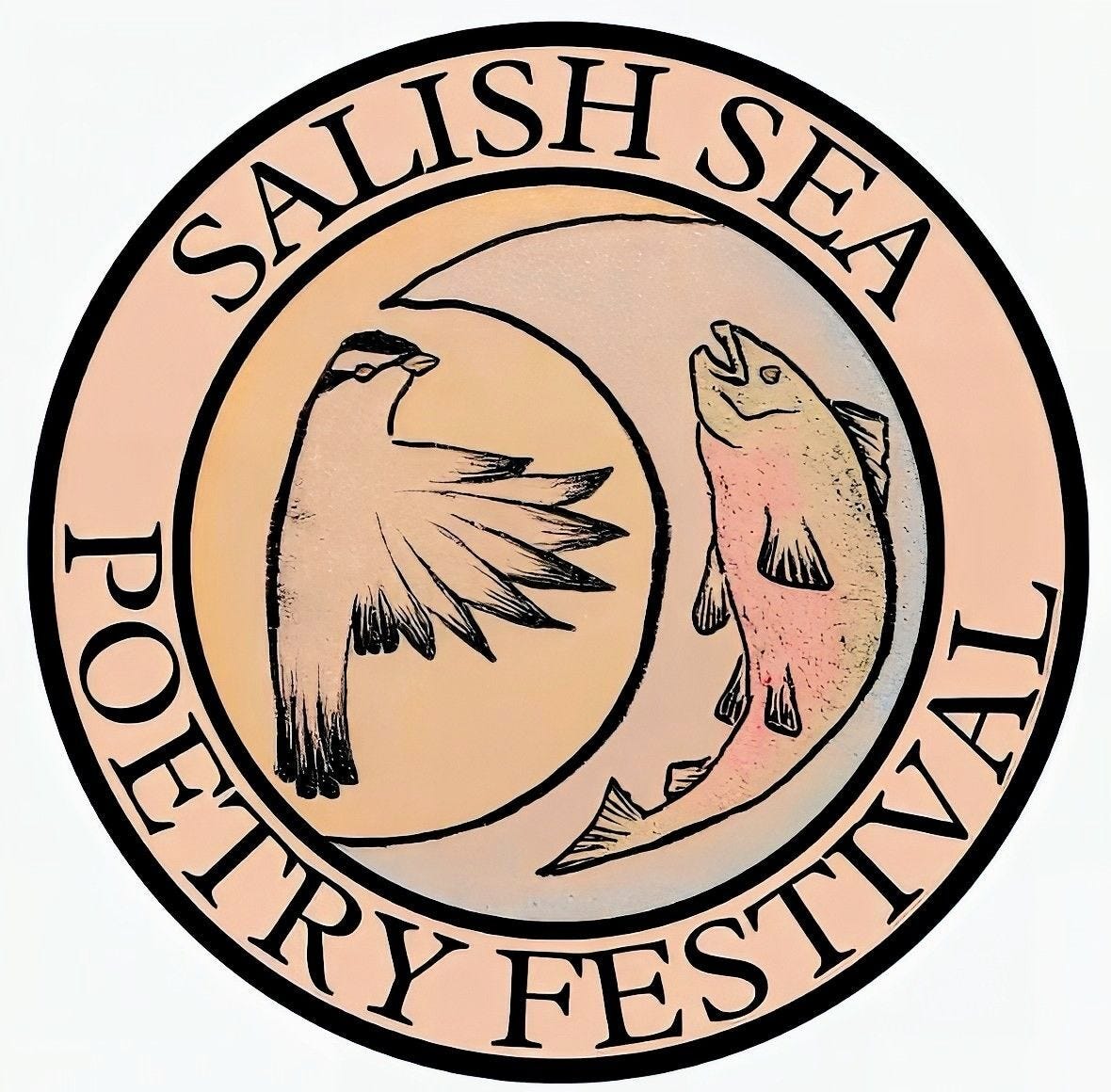 A bird and fish circle each other inside a badge that reads "Salish Sea Poetry Festival"