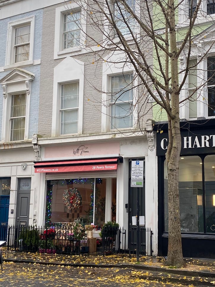 A Notting Hill shop with some lovely Christmas lights in the window. There are autumn leaves on the ground out front. 