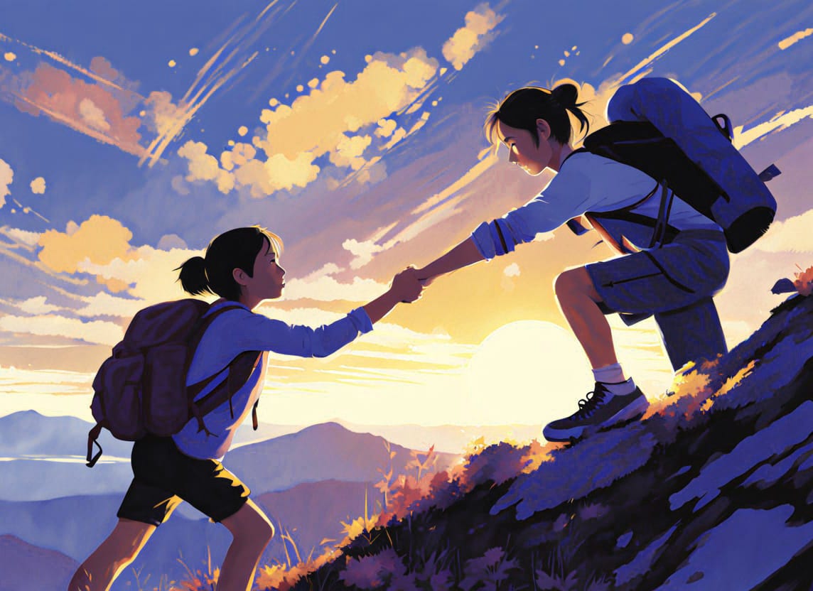 ilustración de dos personas escalando una montaña y ayudándose entre sí