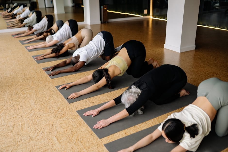 A diverse group of people stretching on yoga mats in an indoor yoga class setting.