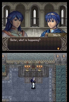 A screenshot from the DS remake of Shadow Dragon, showing a younger Marth in conversation with his sister as he learns he needs to escape his home to live.