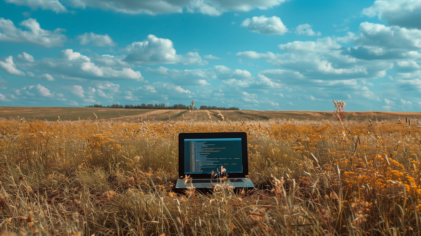 A laptop sitting in the middle of an empty field, generative AI