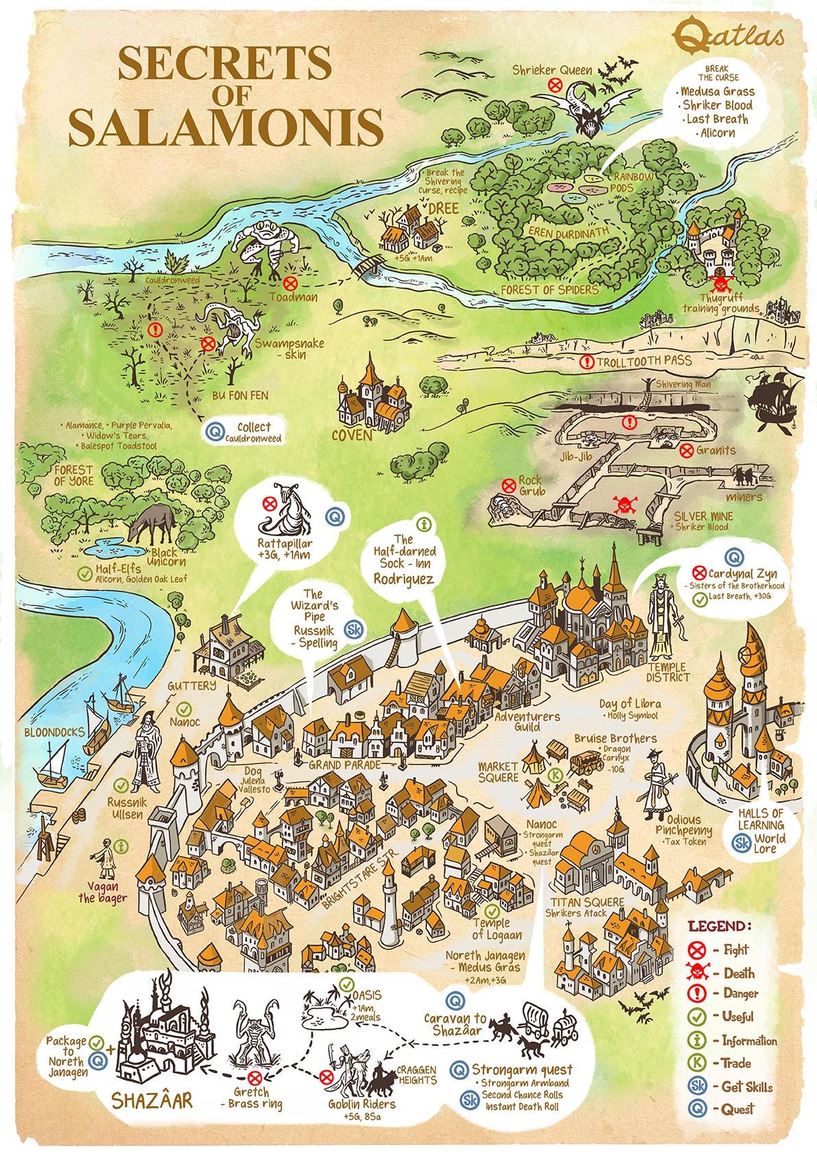 r/osr - My walkthrough map for the Fighting Fantasy book - Secrets of Salamonis, hand-drawn, scanned, and digitally adjusted. After discovering numerous secrets, except for one lingering mystery... Has anyone cracked the Coven Village enigma of the Shrikers' attack?