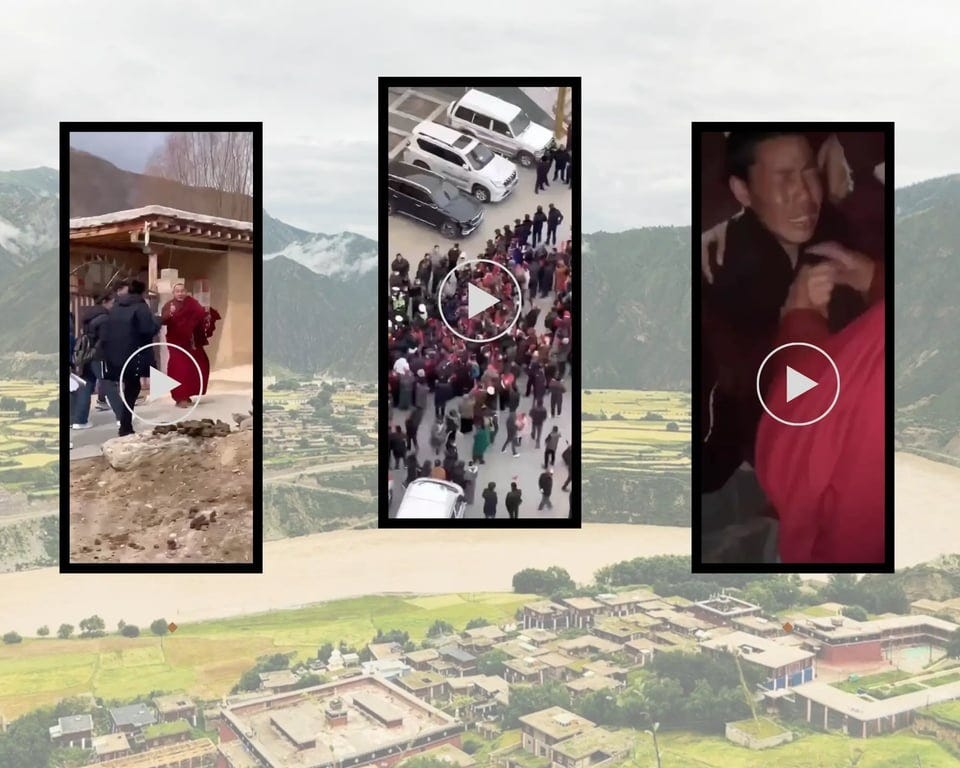 a collage with three video screenshots showing monks protesting set against a background of river landscape