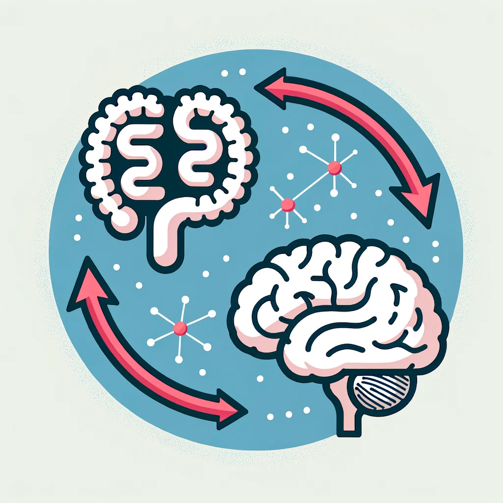 Create an image showing the connection between the gut and brain, represented by a two-way arrow. The image should visually depict the gut and brain with a prominent two-way arrow symbolizing the bidirectional communication between these two organs.
