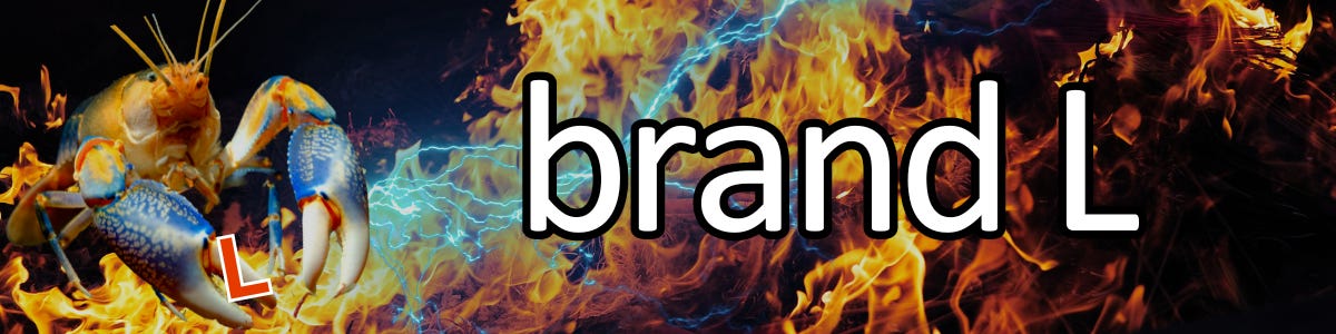 brand L (in background is a crab shooting lasers near flames. the crab is holding an "L")