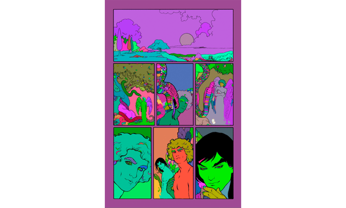 Page 2 of the graphic novel digitally filled in with a variety of colours.