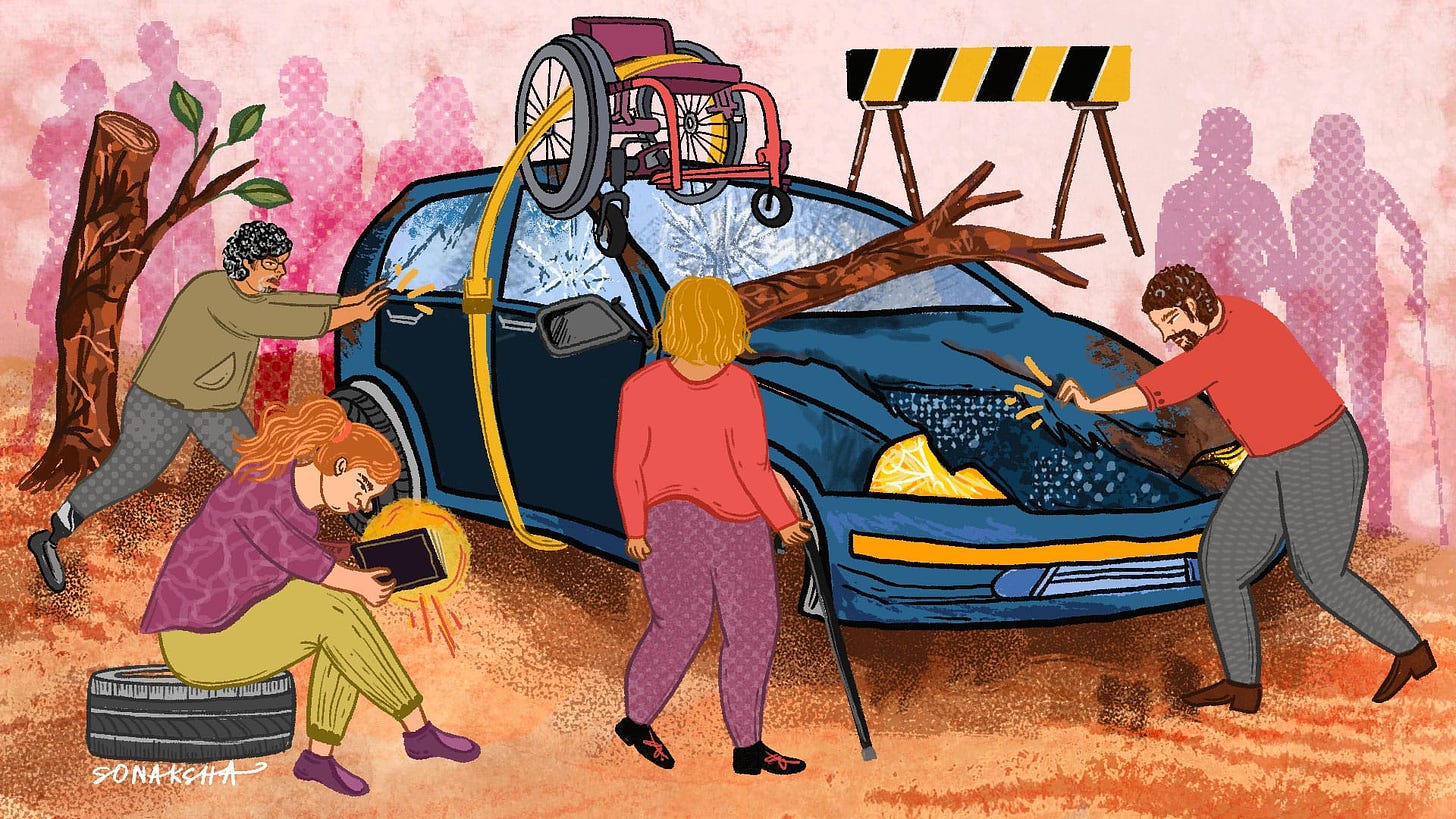 Illustration of people surrounding a broken down car, with a wheelchair haphazardly strapped on top of it. Two white men push against the car in opposing directions. A white woman sits on a tire reading a report while another stands with a walking stick watching. Silhouettes of different people line the background. A black and yellow hazard sign sits on the road and a tree branch is on top of the broken windscreen. 