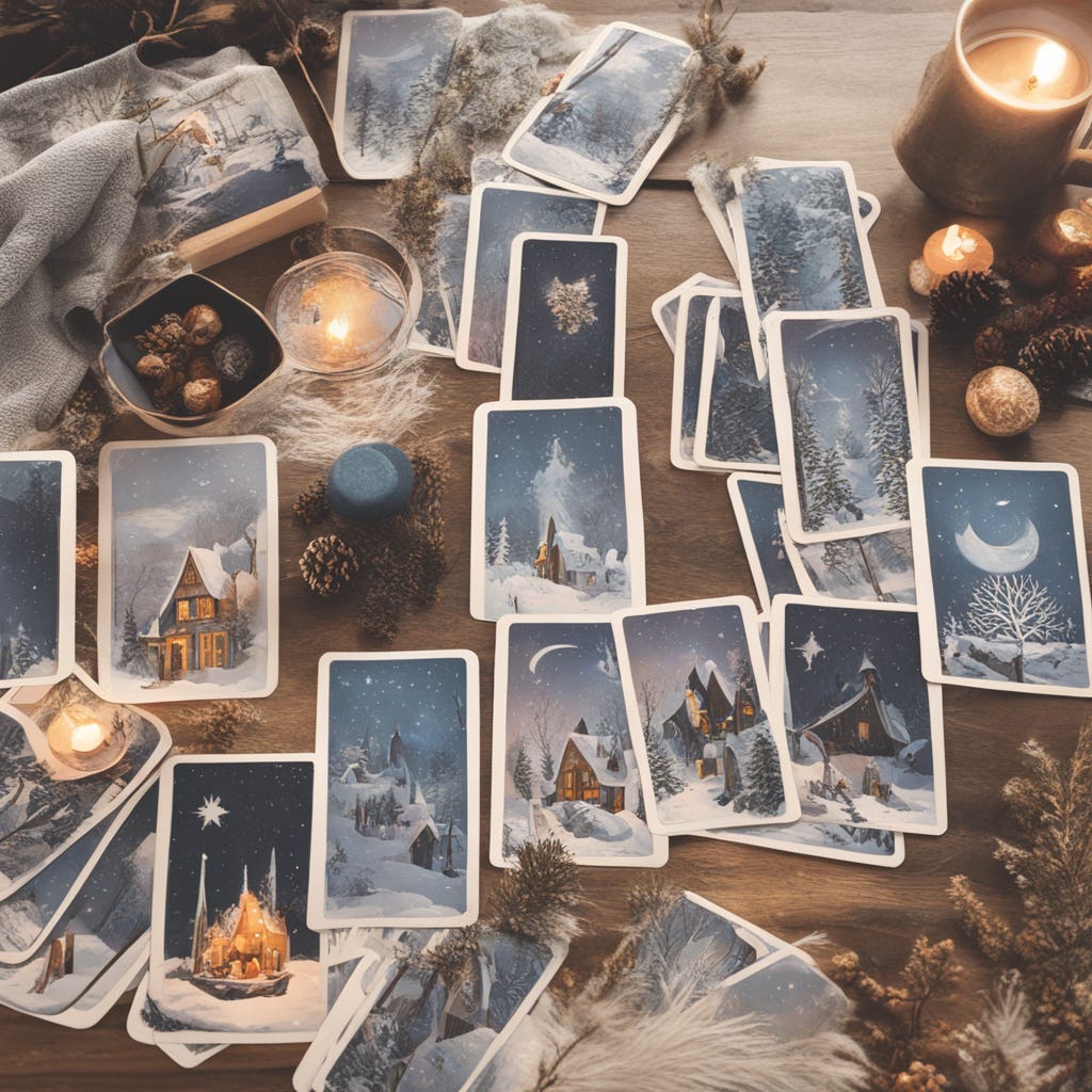 Winter-themes tarot cards laid out on a table, surrounded by pinecones, candels, and white feathers