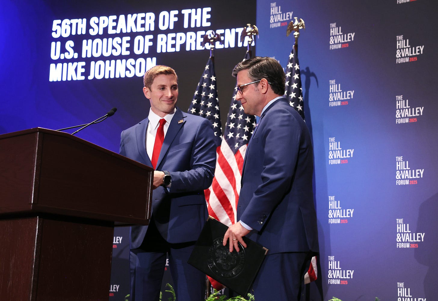 WASHINGTON, DC - APRIL 30: Jacob Helberg, Co-Founder, Hill & Valley Forum and Mike Johnson, 56th Speaker of the Consecutive U.S. House of Representatives speak onstage during the Hill & Valley Forum 2025 on April 30, 2025 in Washington, DC. (Photo by Jemal Countess/Getty Images for Jacob Helberg)