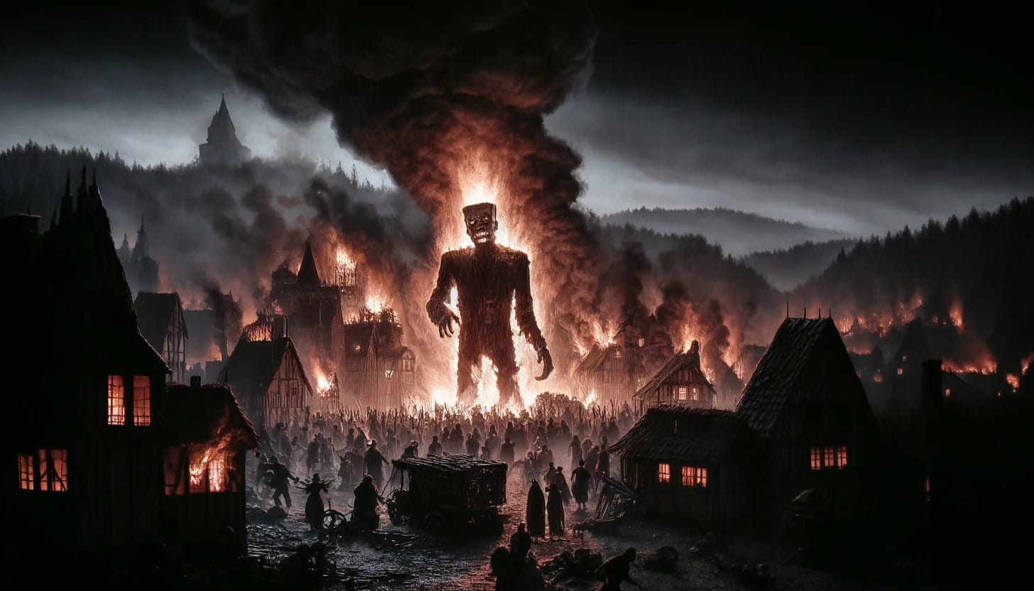 A night scene in a village depicted in dark maroon and grey tones, capturing a moment of intense horror. The village is engulfed in a massive bonfire, with buildings fiercely burning and thick smoke rising into the sky. The Creature, reminiscent of classic Frankenstein, still ablaze but undeterred, stands amidst the destruction, its expression one of growing rage and confusion. It does not understand the fear it has instigated or its own strength. Villagers flee in terror, their faces illuminated by the fire's glow. The Creature, embodying the unchecked ambition of its creator, rampages into the night, leaving a path of flames and ruin. The scene is dramatic and poignant, highlighting the tragic consequences of human hubris.