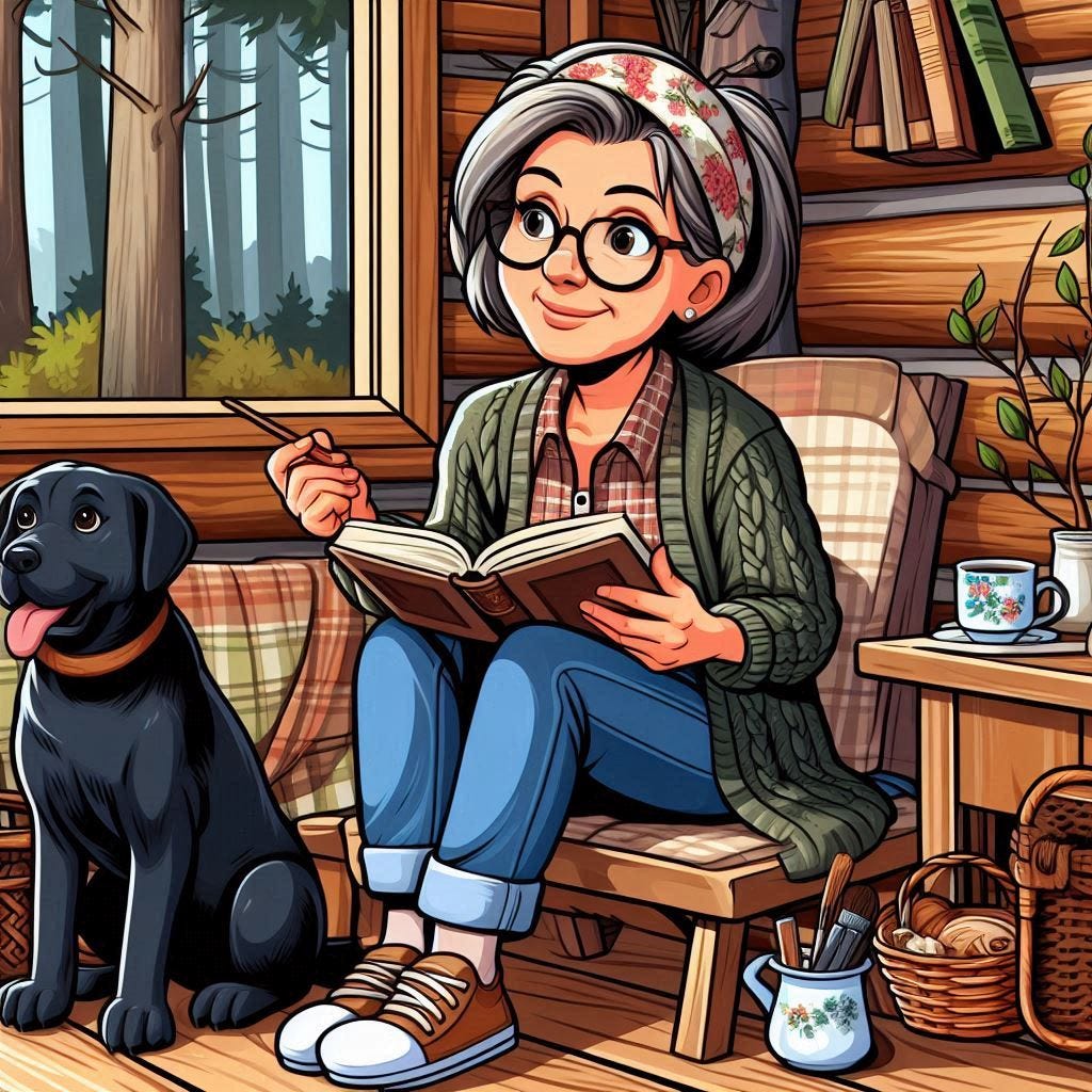 a cartoon of a woman in her middle age, sitting in a cabin in the woods. She's got a book in her hands. A black labrador dog is sitting nearby