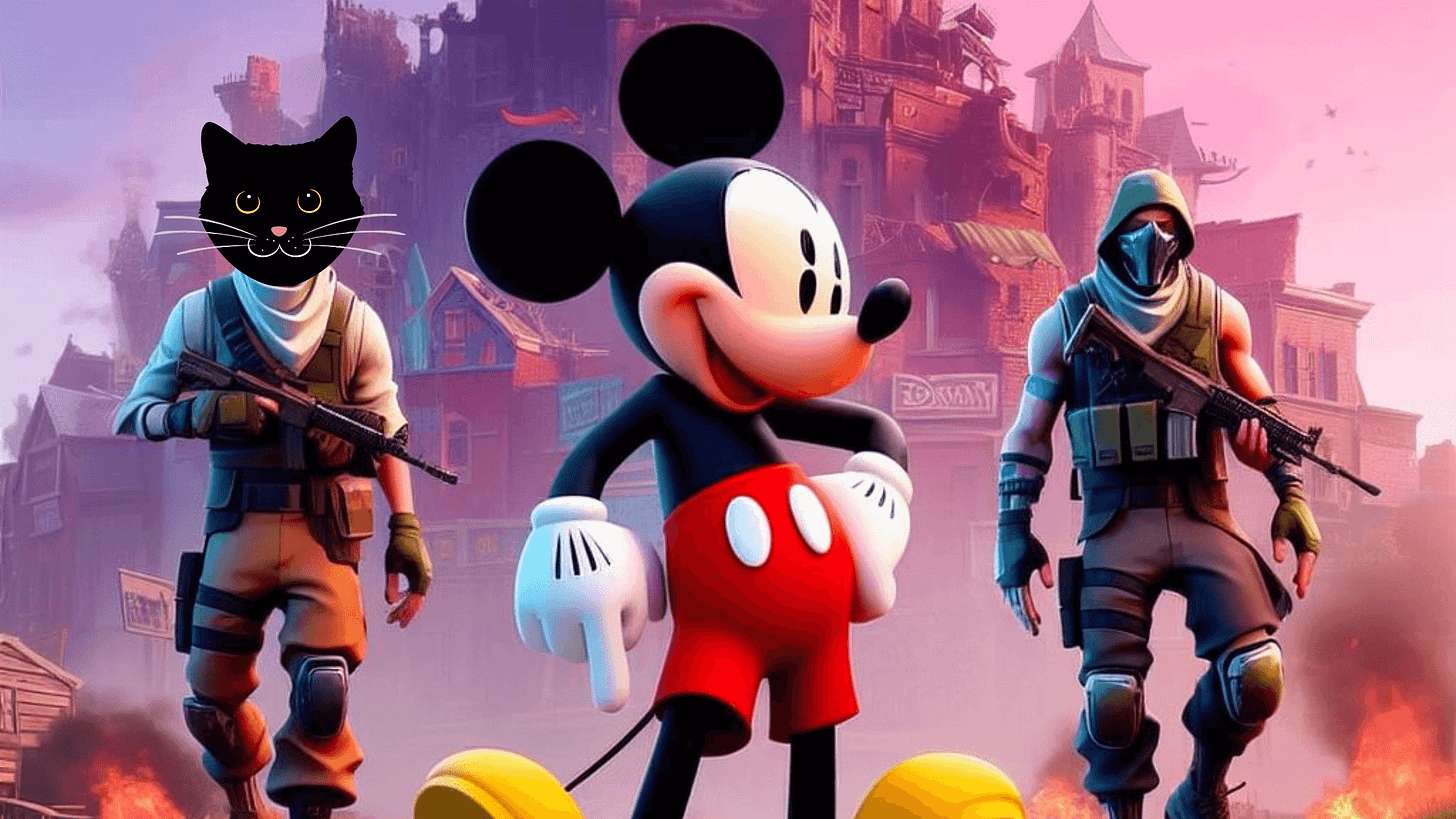 Image of Mickey Mouse, Fortnite characters and a humanoid cat